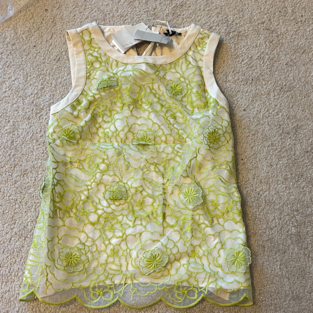 Ann Taylor White and Lime Green Floral Lace Top